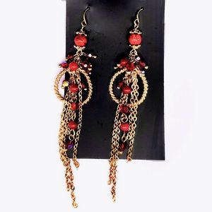 🆕 Gold Red Beaded Tassel Hoop Long Dangle Drop Earrings NWT